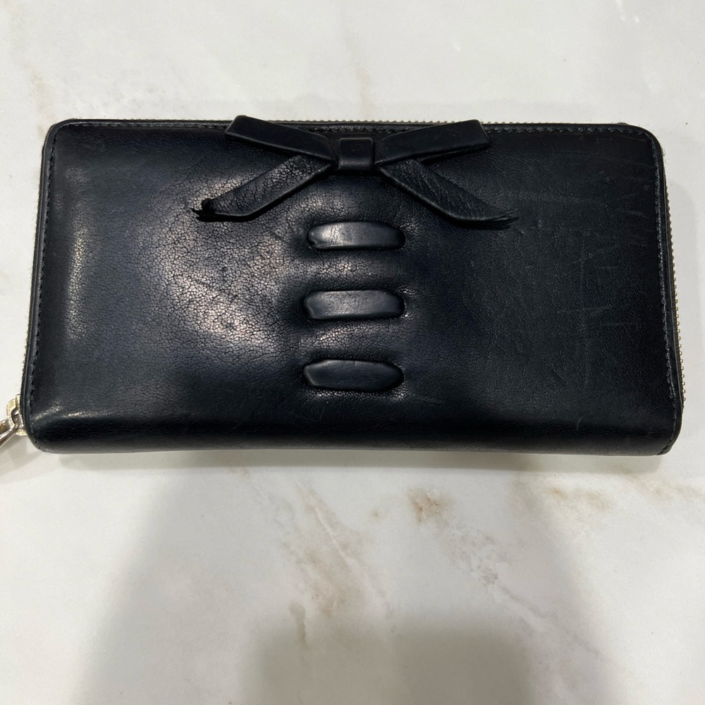 VINTAGE AUTHENTIC RED VALENTINO WOMEN BLACK LEATHER WALLET WITH BOW DETAIL